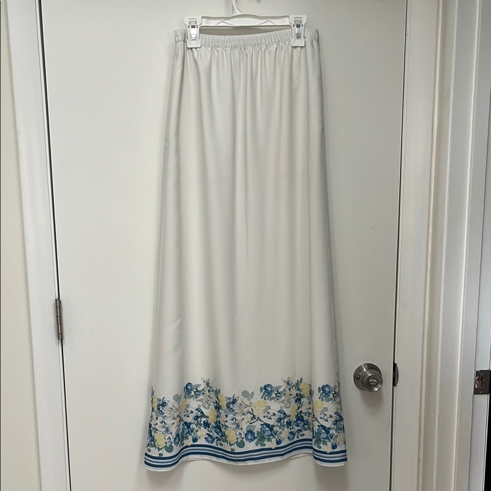 White Maxi Skirt with Blue Floral Border